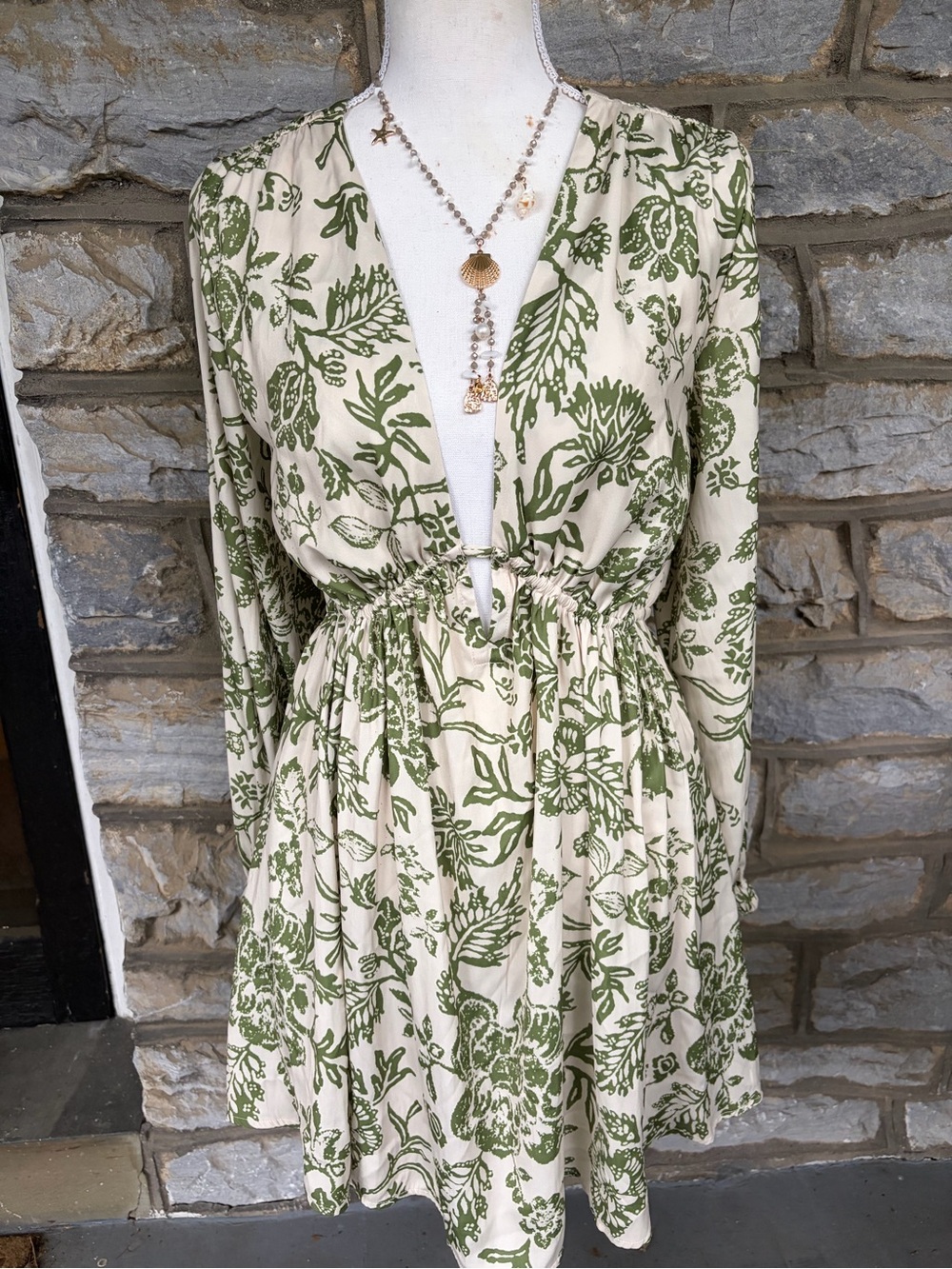 Free People Soli Mini Dress Fern Combo Deep V Floral Festival Boho Resort EUC S